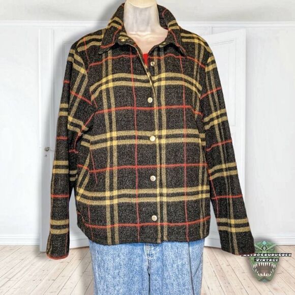 VINTAGE Lemon Grass Wool Blend Plaid Oversized Shacket Flannel Jacket, XL - Picture 3 of 5